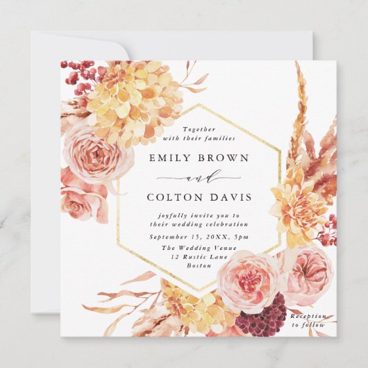 Burgundy Terracotta Gold Floral Wedding Square Kaart (Voorkant)