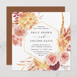 Burgundy Terracotta Gold Floral Wedding Square Kaart