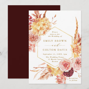 Burgundy Terracotta Gold Script Floral Wedding Kaart