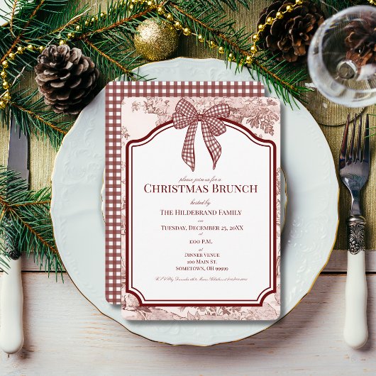 Burgundy Toile Gingham Christmas Brunch Invitation Kaart