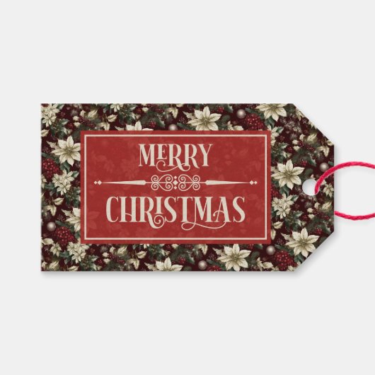 Burgundy Traditional Christmas Floral Cadeaulabel (Voorkant (Horizontaal))
