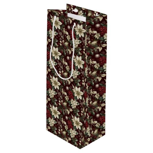 Burgundy Traditional Christmas Floral Wijn Cadeautas (Voorkant Gekanteld)