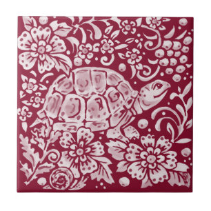 Burgundy Turtle Snagels Floral Forest Garden Anima Tegeltje