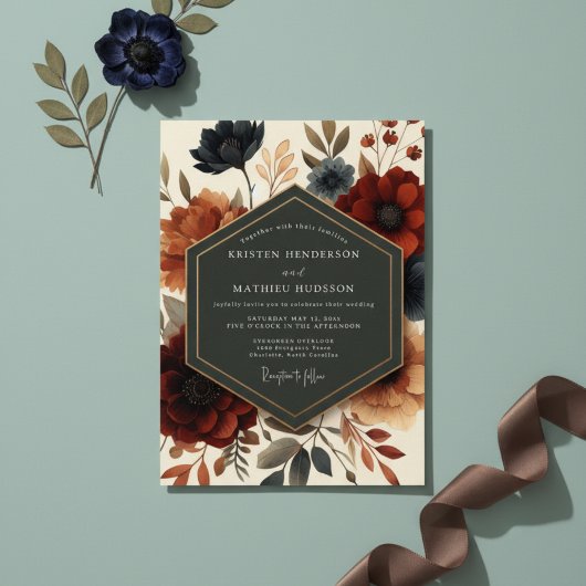 Burgundy Twilight Bloom Wedding Kaart