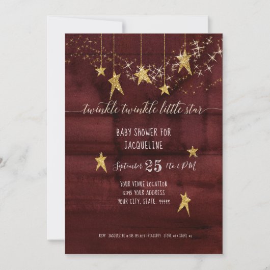 Burgundy Twinkle Little Star Gold Girl Baby shower Kaart (Voorkant)