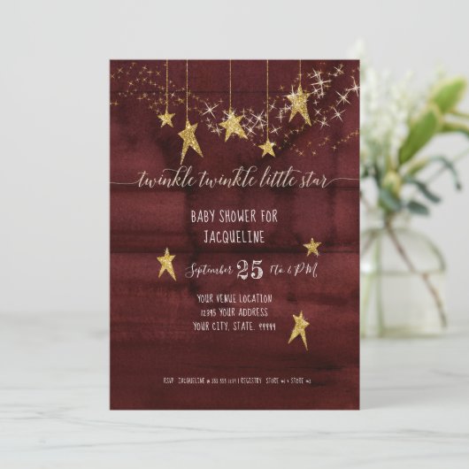 Burgundy Twinkle Little Star Gold Girl Baby shower Kaart (Staand voorkant)