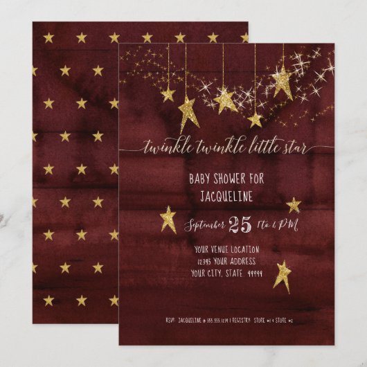 Burgundy Twinkle Little Star Gold Girl Baby shower Kaart (Voorkant / Achterkant)