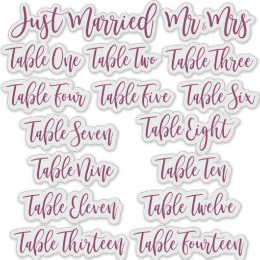 Burgundy Typography Just Married, Mr & Mrs & Table Sticker (Voorkant)