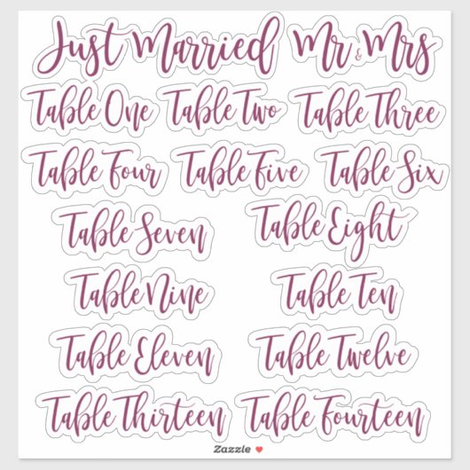 Burgundy Typography Just Married, Mr & Mrs & Table Sticker (Vel)