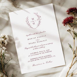 Burgundy Typography Wildflower Monogram Wedding Kaart