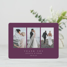 Burgundy Ultra Minimal Triple Photo Wedding Flat Bedankkaart
