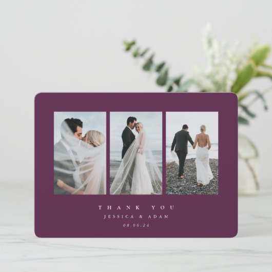 Burgundy Ultra Minimal Triple Photo Wedding Flat Bedankkaart (Staand voorkant)