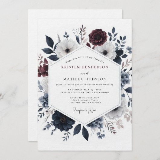 Burgundy Umbral Bloom Wedding Kaart (Voorkant / Achterkant)