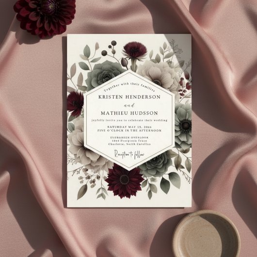 Burgundy Velvet Bloom Ethereal Wedding Kaart