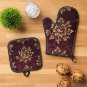 Burgundy Velvet Peony Gold Embroidery Floral  Ovenwant & Pannenlap Set (Top down)