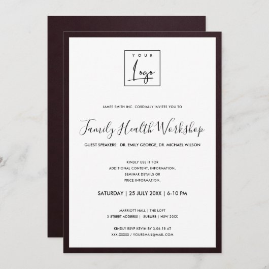BURGUNDY VELVET VERTEKENT UW LOGO-WORKSHOP-GEBEURT KAART (Voorkant / Achterkant)