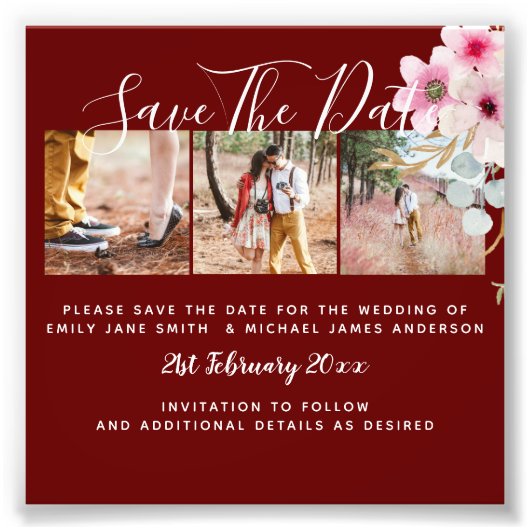 Burgundy Verlovingsfoto Save the Date BUDGET Foto Afdruk (Voorkant)
