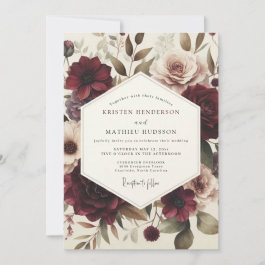 Burgundy Victorian Flora Wedding Kaart (Voorkant)