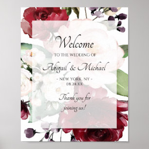 Burgundy Violet Peach Floral Wedal Welcome Sign Poster