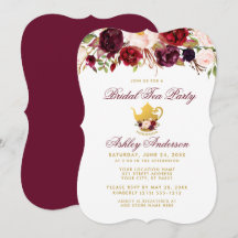 Burgundy Vrijgezellenfeest Tea Party Gold Invite B