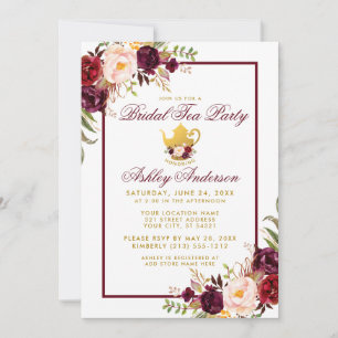Burgundy Vrijgezellenfeest Tea Party Gold Invite F Kaart