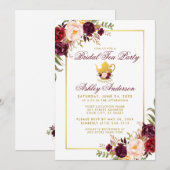 Burgundy Vrijgezellenfeest Tea Party Gold Invite Kaart (Voorkant / Achterkant)