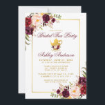 Burgundy Vrijgezellenfeest Tea Party Gold Invite Kaart<br><div class="desc">Waterverf Burgundy Marsala Floral en Gold Bridal Shower Invitation Kaart - Bourgogne</div>