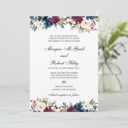 Burgundy Water Kleur Bloemstuk Trouw Uitnodiging (Staand voorkant)