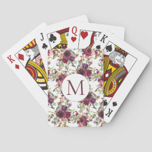 Burgundy Watercolor Bloem Monogram Initiaal Pokerkaarten