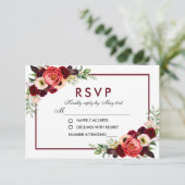 Burgundy Watercolor Bloemen Boho Bruiloft RSVP (Staand voorkant)