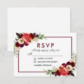 Burgundy Watercolor Bloemen Boho Bruiloft RSVP (Voorkant / Achterkant)