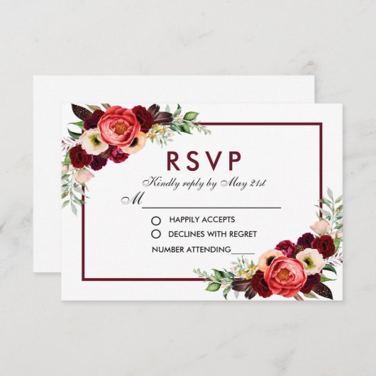 Burgundy Watercolor Bloemen Boho Bruiloft RSVP (Voorkant / Achterkant)
