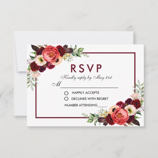 Burgundy Watercolor Bloemen Boho Bruiloft RSVP Kaartje (Voorkant)