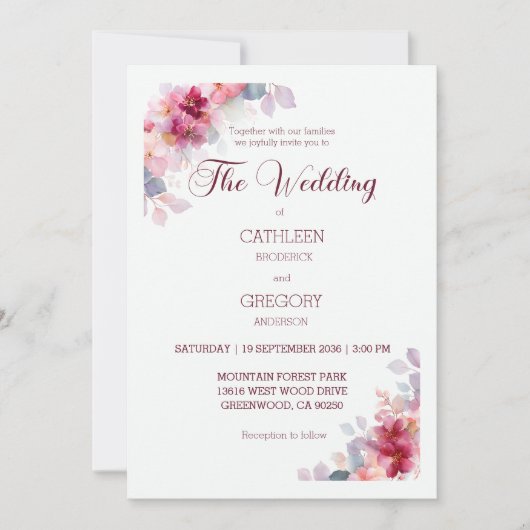 Burgundy Watercolor Floral Calligraphy Wedding Kaart (Voorkant)