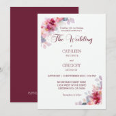 Burgundy Watercolor Floral Calligraphy Wedding Kaart (Voorkant / Achterkant)