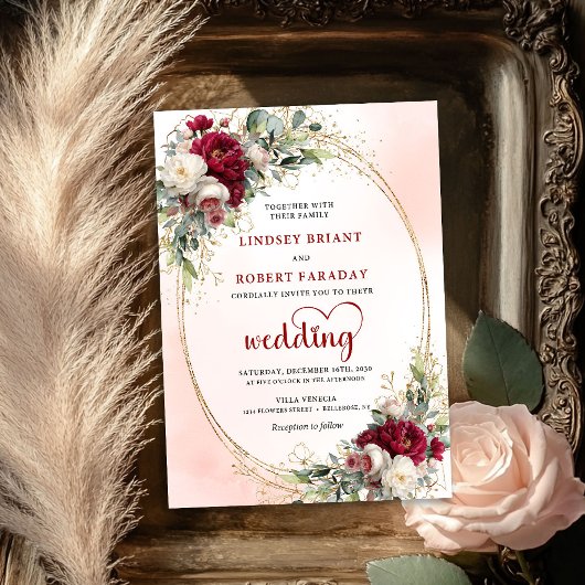 Burgundy Watercolor Floral Gold Wedding Invitation Kaart