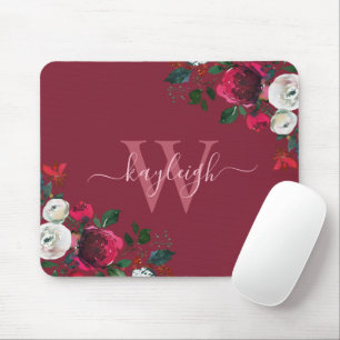 Burgundy Watercolor Floral Name Monogrammed Muismat