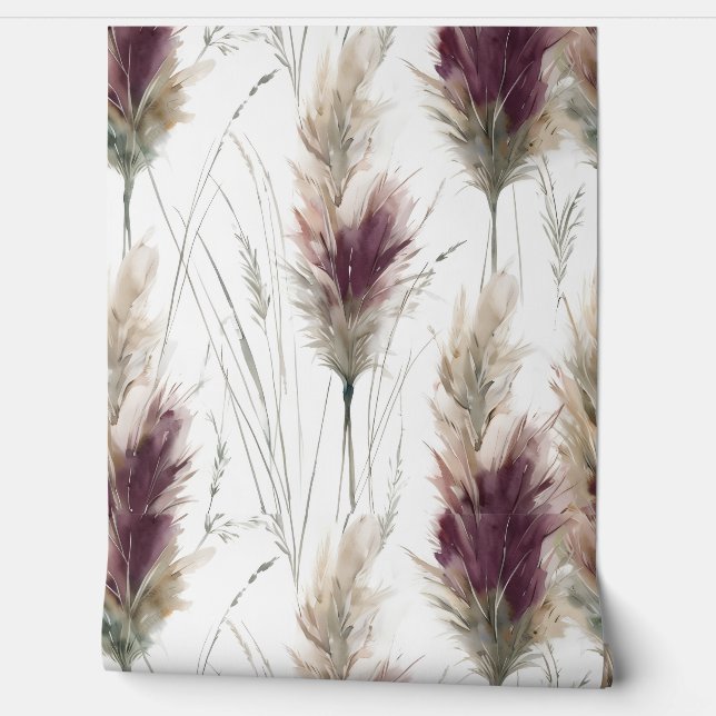 Burgundy Watercolor Fluffy Grasses  Behang (Afrollen)