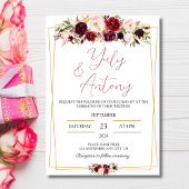 Burgundy watercolor modern flowers  invitation  kaart