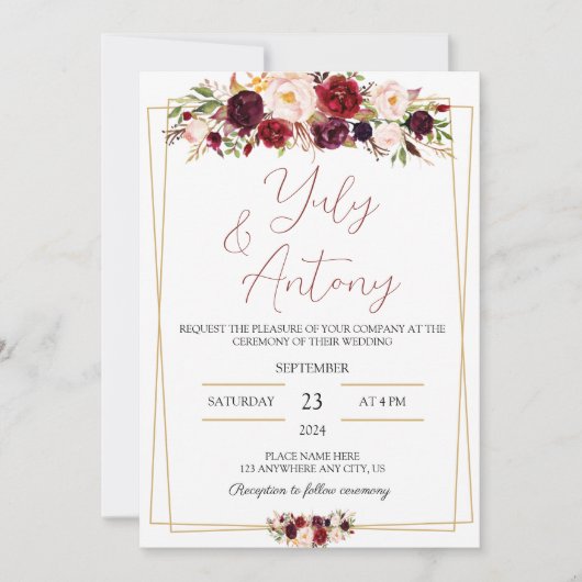 Burgundy watercolor modern flowers  invitation  kaart (Voorkant)