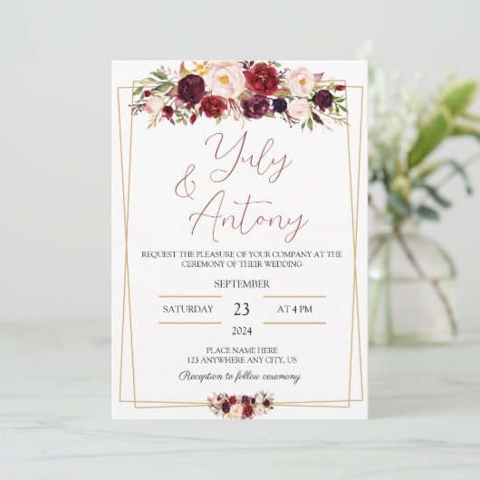 Burgundy watercolor modern flowers  invitation  kaart (Staand voorkant)