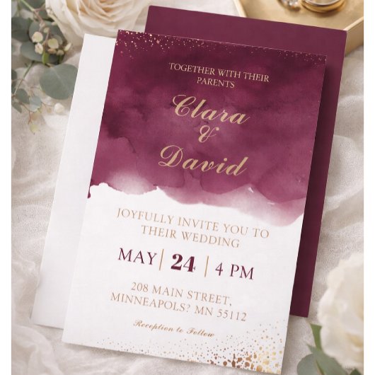 Burgundy Watercolor Wedding Invitation Kaart