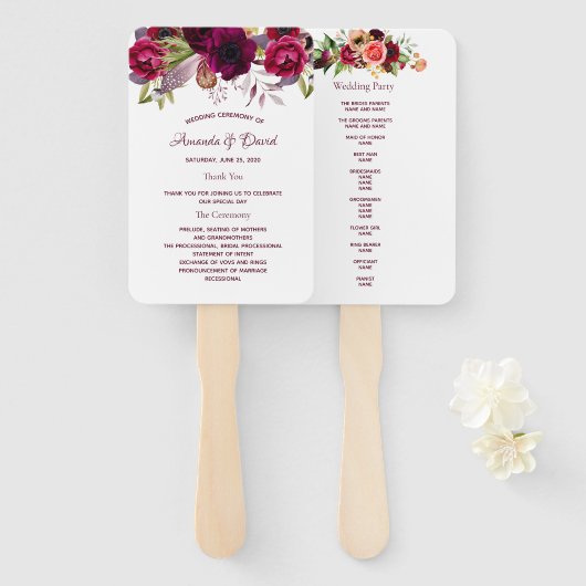 Burgundy waterkleurig floral bruiloft programma handwaaier (Voorkant en achterkant)