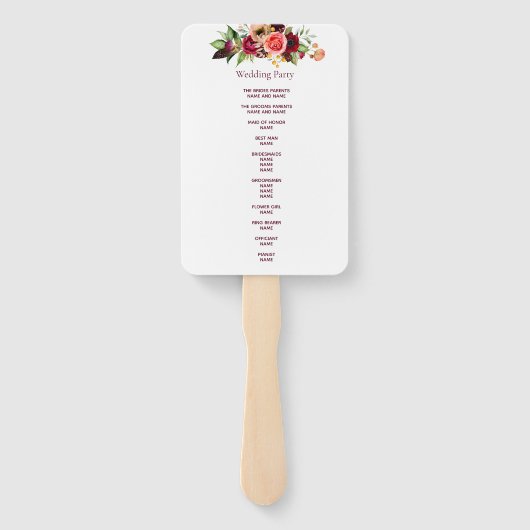 Burgundy waterkleurig floral bruiloft programma handwaaier (Achterkant)