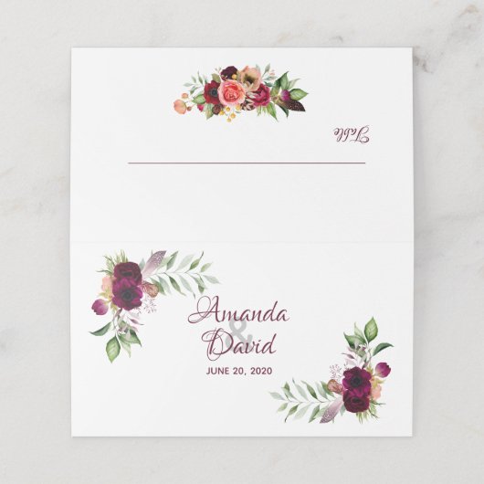 Burgundy waterkleurige florals boho bruiloft plaatskaartje (Buitenkant ongevouwen)