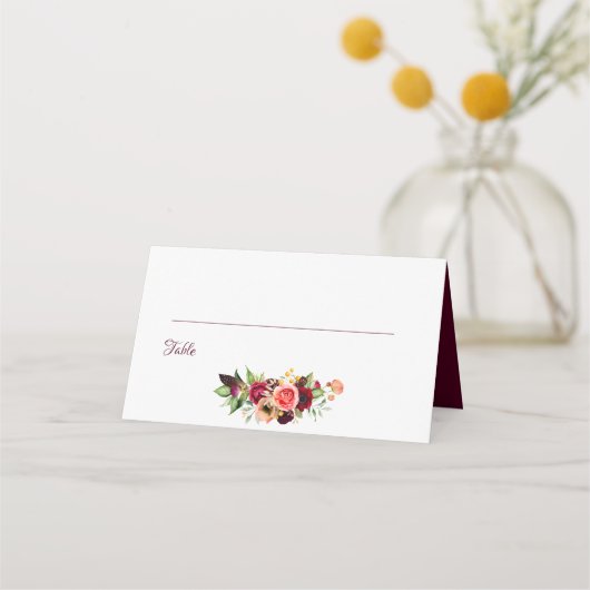Burgundy waterkleurige florals boho bruiloft plaatskaartje (Achterkant)