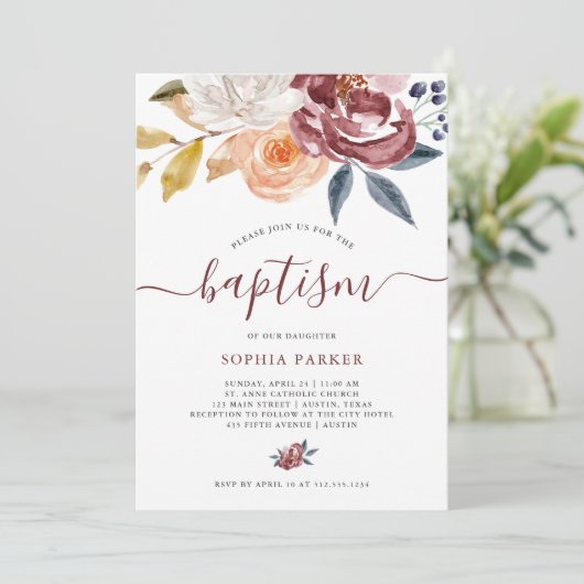 Burgundy Waterverf Bloem | Doop Kaart (Staand voorkant)