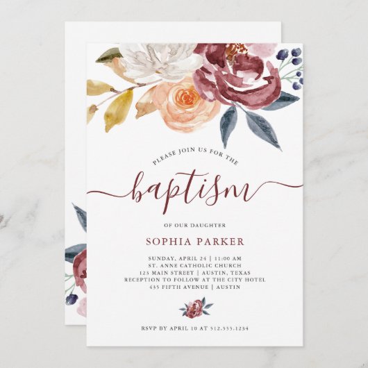 Burgundy Waterverf Bloem | Doop Kaart (Voorkant / Achterkant)