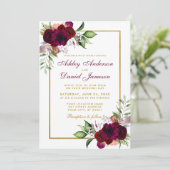 Burgundy Waterverf Boho Floral Wedding Gold Kaart (Staand voorkant)