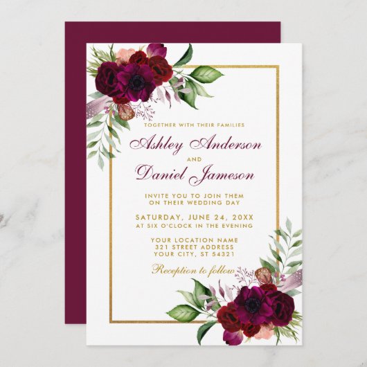 Burgundy Waterverf Boho Floral Wedding Gold Kaart (Voorkant / Achterkant)
